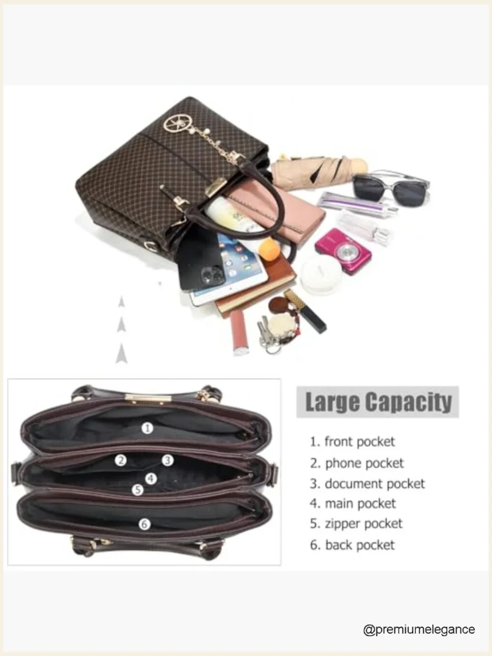3 Zip Compartments Tote Bag Shoulder Satchel